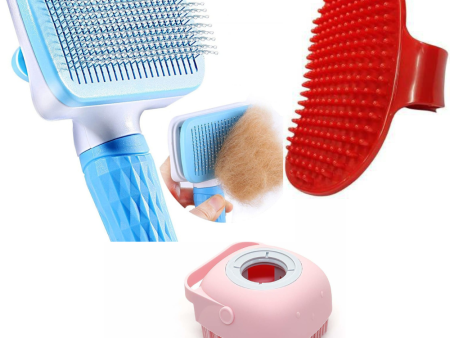 Chullbull Rectangle Slicker, Bath and Rubber Hand Brush Grooming Kit for Dogs Supply