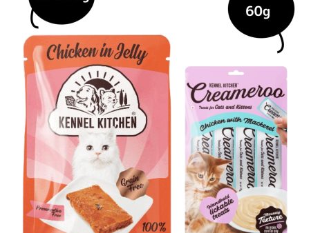 Kennel Kitchen Chicken in Jelly Wet Food and Creameroo Chicken with Mackerel Creamy Treats for Cats Combo Online Hot Sale