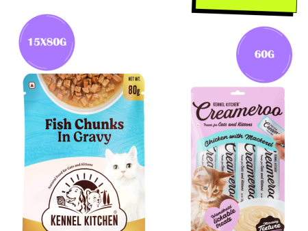 Kennel Kitchen Fish Chunks in Gravy Kitten and Creameroo Chicken with Mackerel Creamy Cat Treats Combo Online now