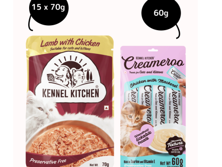 Kennel Kitchen Lamb with Chicken Shreds in Gravy Kitten and Adult Cat Wet Food (All Life Stage) with  Creameroo Chicken with Mackerel Creamy Cat Treats Combo For Sale