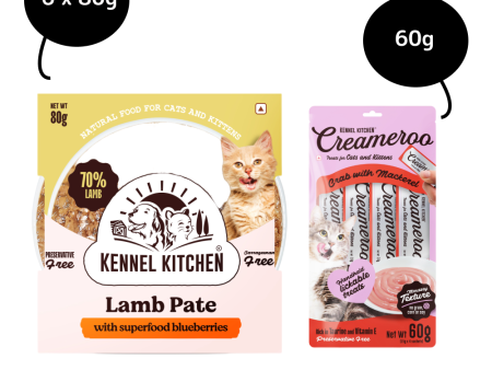 Kennel Kitchen Lamb Pate with Superfood Blueberries Wet Food and Creameroo Crab with Mackerel Creamy Cat Treat for Cat Combo For Sale