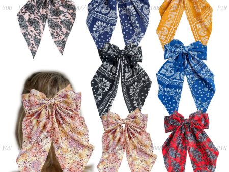 Wholesale Retro Printed Large Streamer Bow Back Head Spring Clip Online now