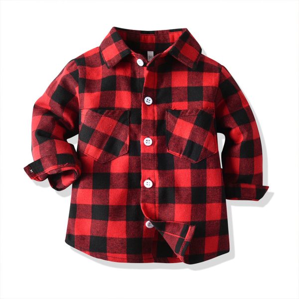 Wholesale Boys  Cotton Double Pocket Long Sleeved Cardigan Plaid Lapel Kids Shirt Online