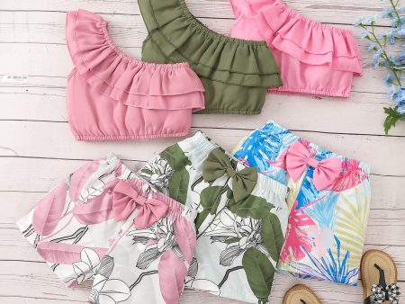 Wholesale Cotton Solid Color Slanted Collar Top and Shorts Set For Sale