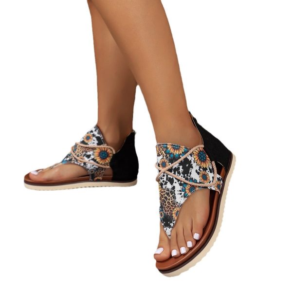 Wholesale Clip Toe Printed Flat Bottomed PU Sandals Hot on Sale