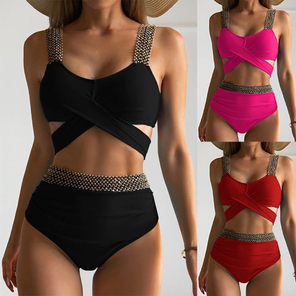 Wholesale Women s Polyester Cross High Waisted Elastic Split Bikini Swimsuits Cheap