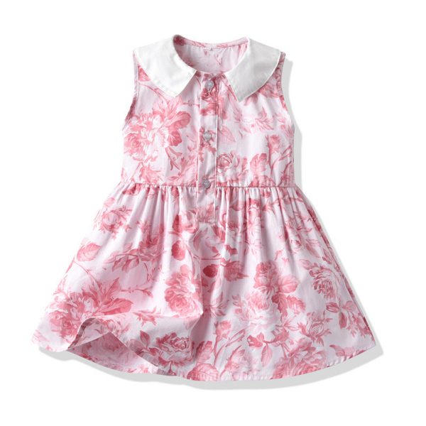 Wholesale Children s Cotton Sleeveless Floral Doll Neck Dresses Fashion