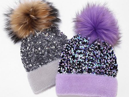 Wholesale Dyed Raccoon Fur Ball Sequin Warm Knitted Hat Online Hot Sale