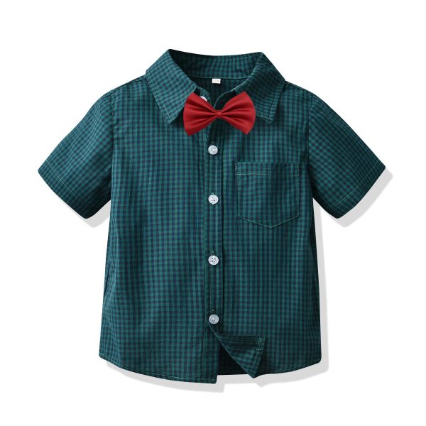 Wholesale Boys and Gentlemen s Cotton Bow and Plaid Short Sleeved Shirt and Suspender Suit Online