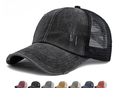 Wholesale Breathable Mesh Washed Distressed Crossover Ponytail Baseball Cap Online