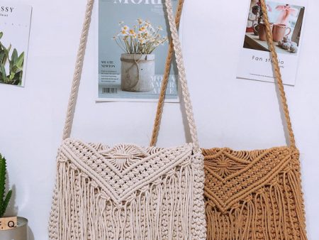 Wholesale Triangular Covered Cotton Tassel Shoulder Straw Woven Bag on Sale