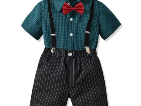 Wholesale Boys and Gentlemen s Cotton Bow and Plaid Short Sleeved Shirt and Suspender Suit Online