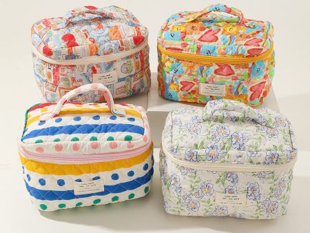 Wholesale Portable Large Capacity Striped Polka Dot Portable Quilted Cotton Cute Flower Cosmetic Bag Online now