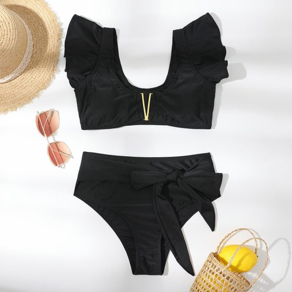 Wholesale Polyester Women s Split Solid Color Ruffled Edge Swimsuits on Sale