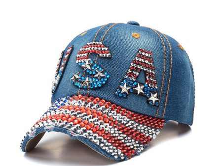 Wholesale American Flag Denim Diamond Activity Sun Protection Baseball Cap Discount