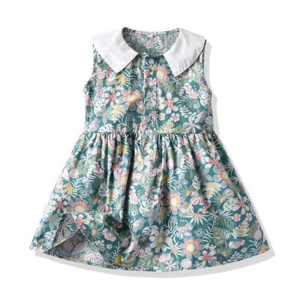 Wholesale Children s Cotton Sleeveless Floral Doll Neck Dresses Fashion