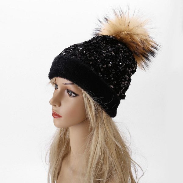 Wholesale Dyed Raccoon Fur Ball Sequin Warm Knitted Hat Online Hot Sale