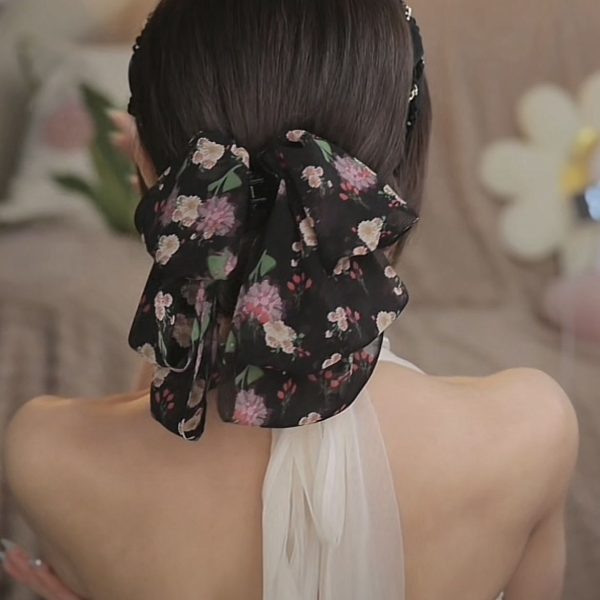 Wholesale Chiffon Fabric Romantic Floral Print Bow Gripper Supply