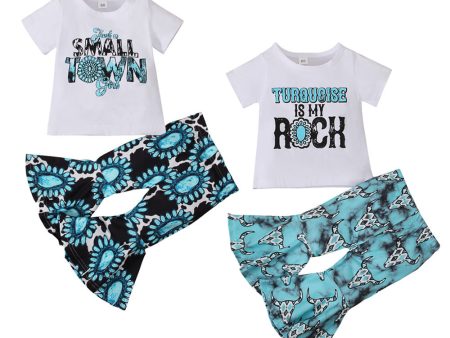 Wholesale Children s Western Style Turquoise Printed Short Sleeve Bell Bottoms Two Piece Set For Cheap