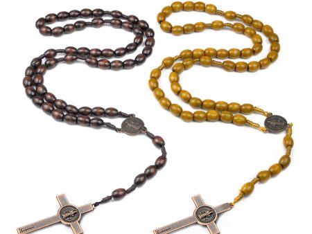 Wholesale Rosary Beads Weaving Dark Brown Rice Beads Wooden Cross Necklace Online Sale