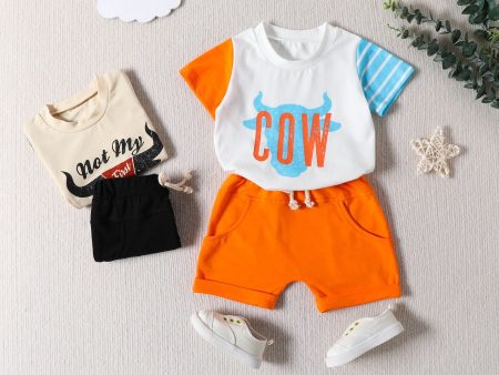 Wholesale Cotton Western Denim Style Patchwork Color T-shirt and Shorts Set Sale