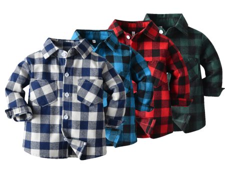 Wholesale Boys  Cotton Double Pocket Long Sleeved Cardigan Plaid Lapel Kids Shirt Online