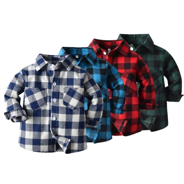 Wholesale Boys  Cotton Double Pocket Long Sleeved Cardigan Plaid Lapel Kids Shirt Online