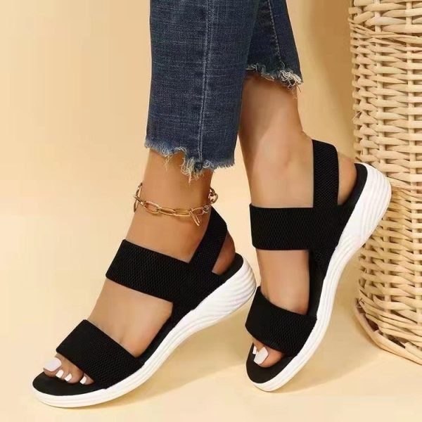 Wholesale Casual Elastic Back Strap Fly Weave Polyurethane Flat Sandals on Sale