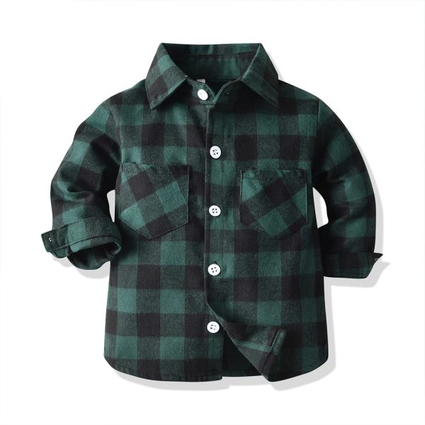 Wholesale Boys  Cotton Double Pocket Long Sleeved Cardigan Plaid Lapel Kids Shirt Online