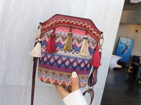 Wholesale Ethnic Style Woven Tassel Canvas Bucket Bag Hot on Sale