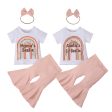 Wholesale Children s MAMA Rainbow Printed Short-sleeved Flared Pants Bow Hair Rope Three-piece Set For Discount