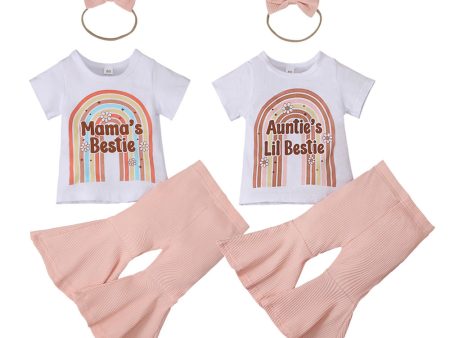 Wholesale Children s MAMA Rainbow Printed Short-sleeved Flared Pants Bow Hair Rope Three-piece Set For Discount