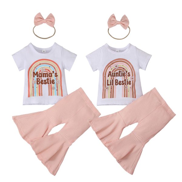 Wholesale Children s MAMA Rainbow Printed Short-sleeved Flared Pants Bow Hair Rope Three-piece Set For Discount