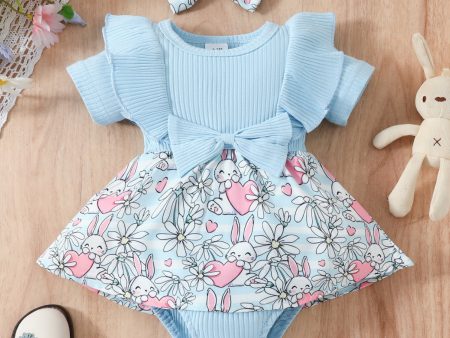 Wholesale Easter Cotton Baby One Piece Rabbit Ripple Bow Dress Cheap