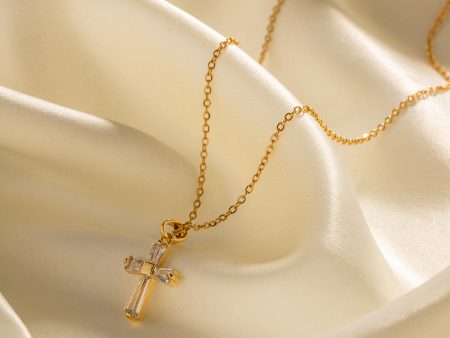 Wholesale 18K Gold Stainless Steel White Zirconia Square Cross Necklace Cheap