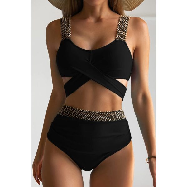 Wholesale Women s Polyester Cross High Waisted Elastic Split Bikini Swimsuits Cheap