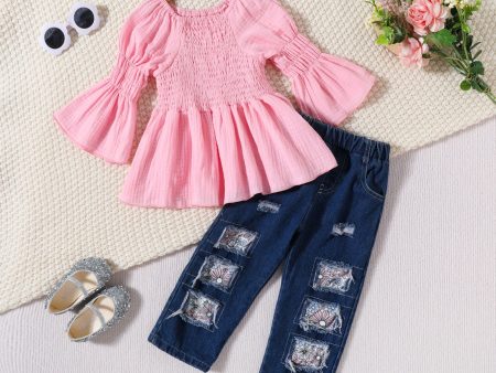 Wholesale of Solid Color Cotton Drawstring Tops and Personalized Jeans Sets Fashion