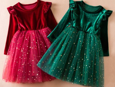 Wholesale Christmas Children s Long Sleeved Star Sequin Mesh Cotton Dresses Online