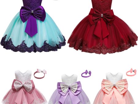 Wholesale of Children s One Year Old Bow Tie Lace Polyester Dresses Online Sale