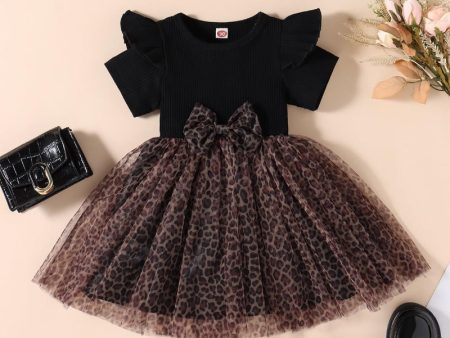 Wholesale Children s Short Sleeved Leopard Print Mesh Bow Cotton Dresses For Discount